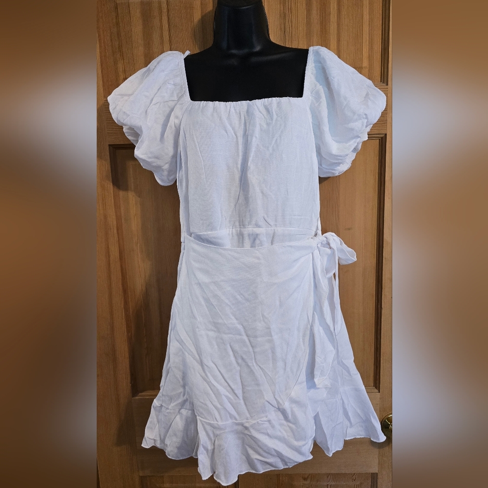 Trixxi White Mini Dress with Puff Sleeves Coastal Grandma Shabby Chic Ruffles - Picture 2 of 6